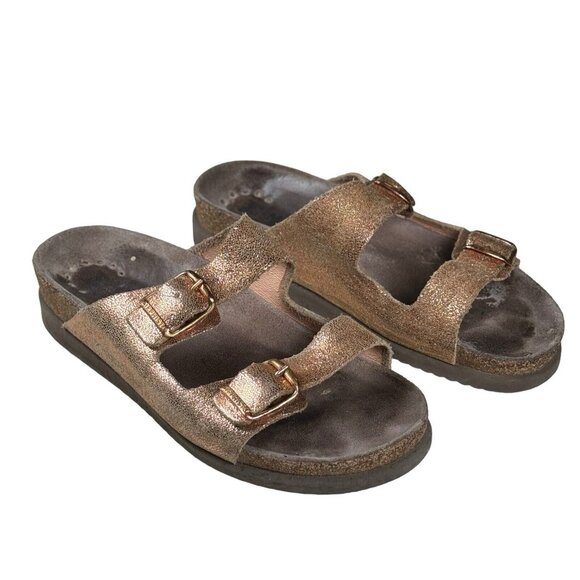 Mephisto‎ Womens Size 37 Leather Slides Flat Sandals Shoes Metallic Gold - Picture 1 of 12
